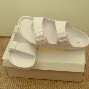 White Double Buckle Slides